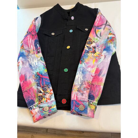 Ay Güey! Jackets & Blazers - Áy Güey! Black Denim Jacket w/ Graffiti Sleeves | Women’s M